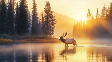 Majestic Elk Wades Through Misty Sunrise River