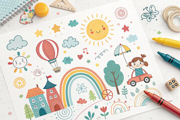 Cheerful kids' drawing with sun, rainbow, hot air balloon, car, castle, and girl.