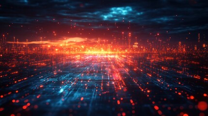 Obraz premium Futuristic digital landscape with glowing particles and a vibrant horizon.