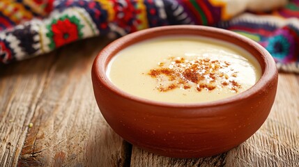 Creamy Rustic Bowl of Golden Soup with Spice Rustic Wooden Background