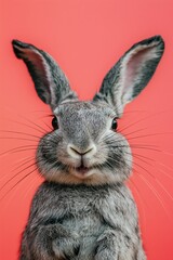 Obraz premium An endearing rabbit poses charismatically in front of a bold coral backdrop, radiating joy and cuteness.