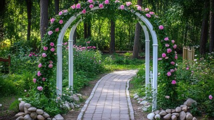 A garden-style wedding arch covered in ivy and pink roses, placed in a quaint countryside garden.