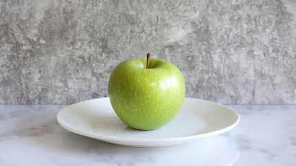 A large, glossy green apple placed on a pristine white plate with a subtle reflection.