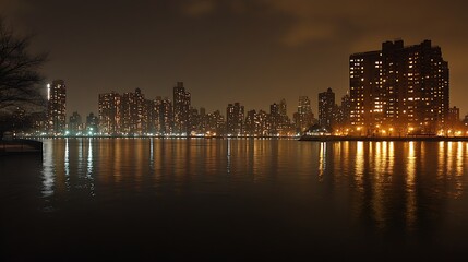 Fototapeta premium Night cityscape reflection over calm water