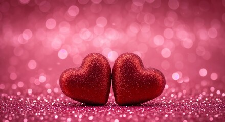 Obraz premium Two glittery red hearts resting on a sparkling pink surface with a bokeh background, creating a romantic atmosphere. Ideal for themes of love, relationships, and Valentine's Day celebration.