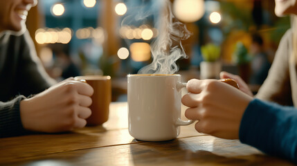 Friends Laughing Together in Cozy Cafe with Coffee