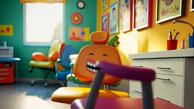 Colorful children's dental office with smiling chair in fun environment for pediatric dentistry concept