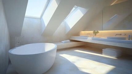 Serene Modern Attic Bathroom Design with Skylights