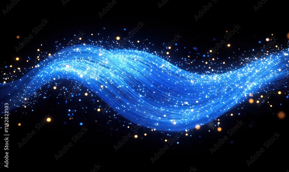 Aufkleber illuminated fiber optic strands in dark background for futuristic telecom connectivity and data tran