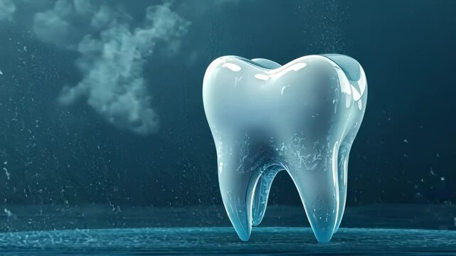 Crystal clear tooth surrounded by water vapor on blue background in concept of dentistry