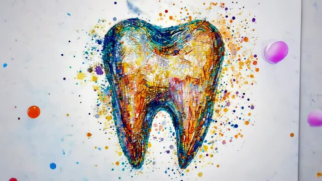 Colorful mosaic tooth art on white background symbolizing dental care and creativity in dentistry concept