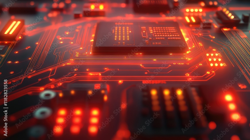 Poster a close-up of an advanced circuit board with microchips and wires, with space to add text.