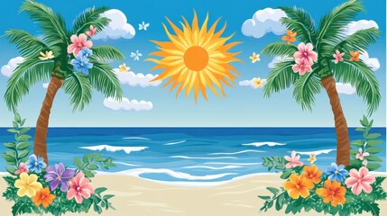 Tropical beach scene with palm trees, flowers, and sun.  Use Background image