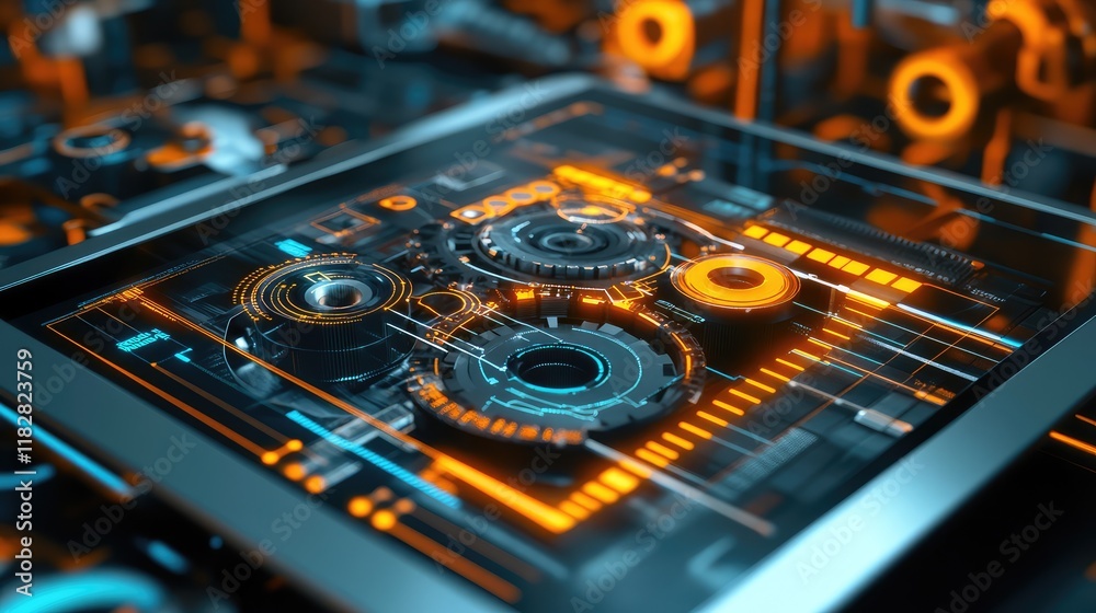 Poster a close-up of an engineering tablet displaying ai simulations of mechanical components, with space f