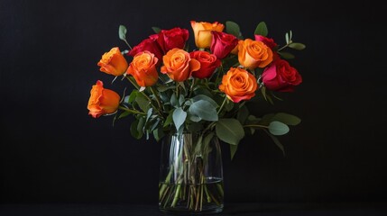 Fototapeta premium A striking bouquet of orange and red roses with minimal foliage, arranged in a glass vase.