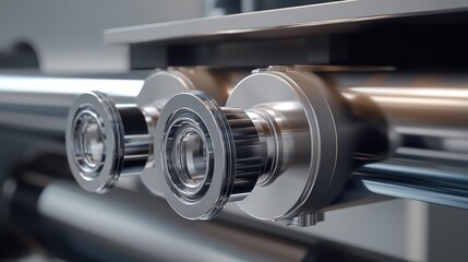 Fototapeta premium A close-up of a mechanical actuator with smooth, shiny surfaces, offering copy space above.