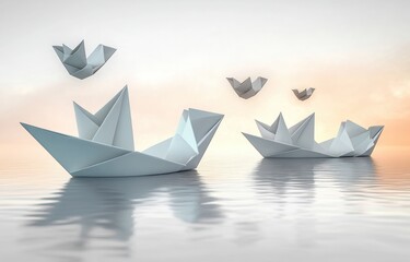 Obraz premium Motivational Growth Strategy and Personal Development Metaphor with Origami Birds and Boats