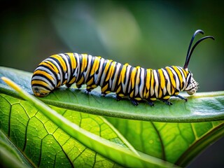 Naklejka premium Minimalist Monarch Caterpillar Photography: Close-up, Nature, Insect, Butterfly Life Cycle, Macro, Wildlife, Green Leaf, Simple Background, Black Background, White Background, Studio Shot