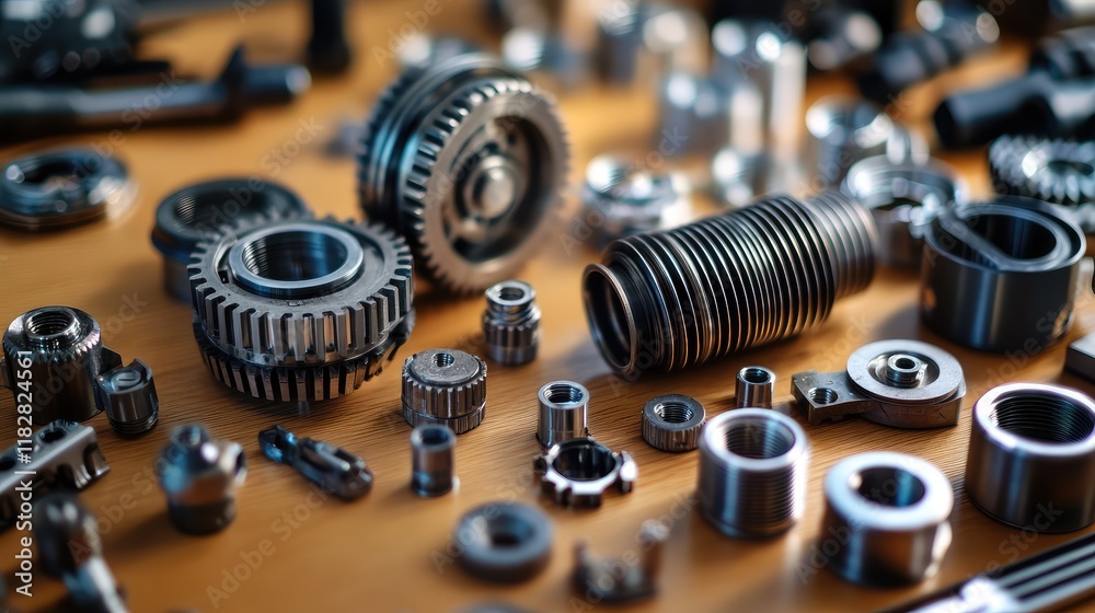 Poster a close-up of high-tech mechanical gears and components on a workbench, with space for adding text.