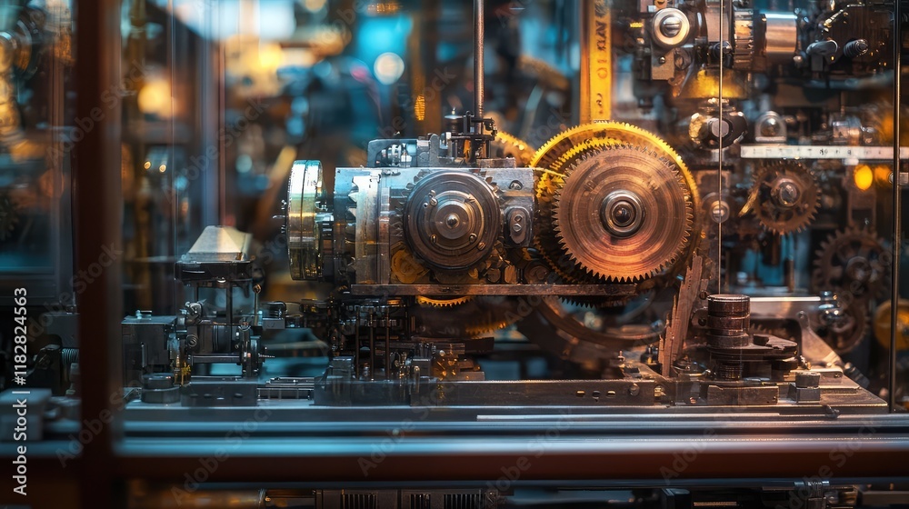 Poster a close-up of intricate gears and mechanical systems being tested in a workshop with space for copy.