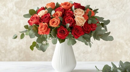Naklejka premium A vibrant bouquet of red and orange roses arranged with greenery in a white ceramic vase.