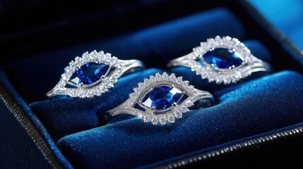 Obraz premium Beautiful rings with diamond and sapphire embellishments elegantly displayed in a velvet-lined box.