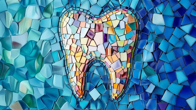 Colorful mosaic tooth on vibrant blue background symbolizing art and care in dentistry concept