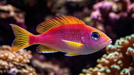 A fish swimming in a vibrant coral reef scene, colorful and lively, with plenty of room for copy space on the side.
