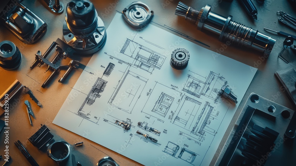 Poster a flat lay of precision mechanical tools and designs on a table, with clear background space for add