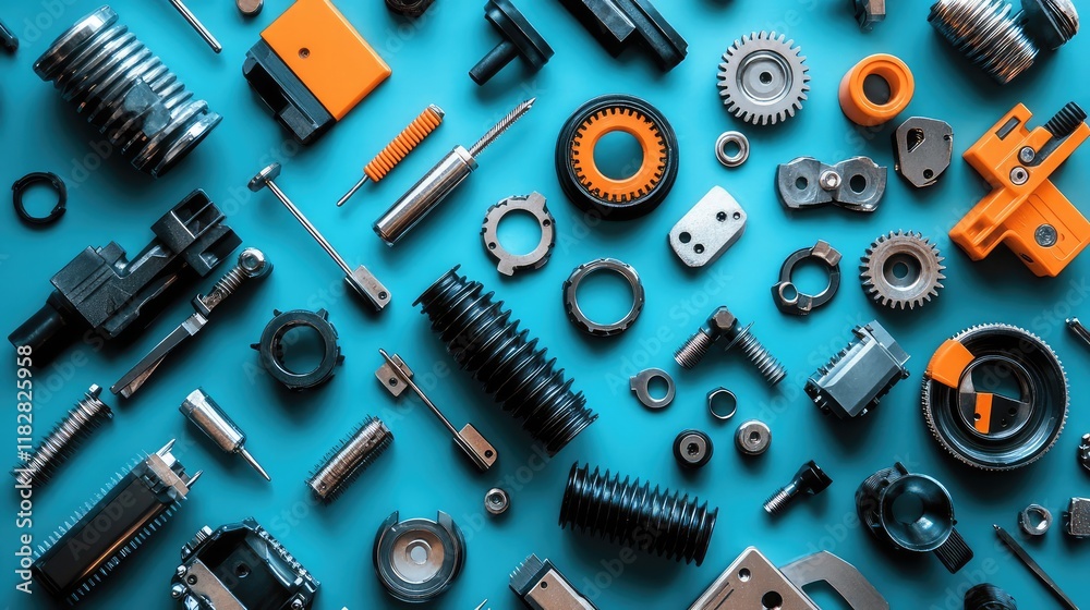 Poster a flat lay of precision mechanical tools and designs on a table, with clear background space for add