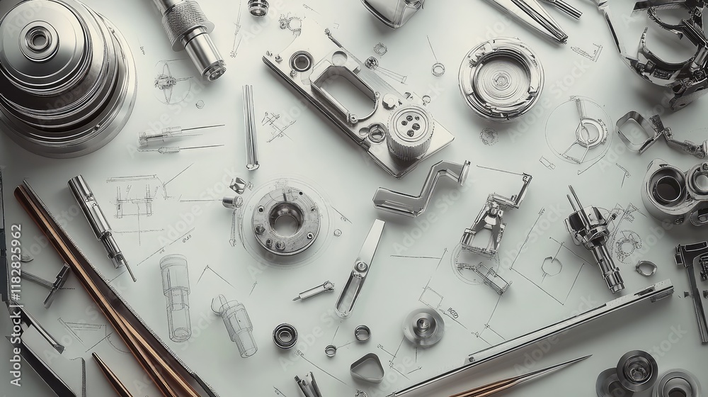 Poster a flat lay of precision mechanical tools and designs on a table, with clear background space for add