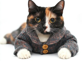 Adorable Calico Cat in Stylish Tweed Coat, Close-up Studio Portrait