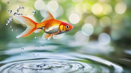 Fototapeta premium A goldfish leaping out of clear water in a pond, with ripples creating ample space for text.