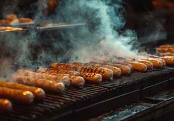 A Close-Up of Grilled Sausages on a Barbecue Grill with Smoke Rising, Ideal for Food Lovers, Cooking Enthusiasts, and Summer Gatherings