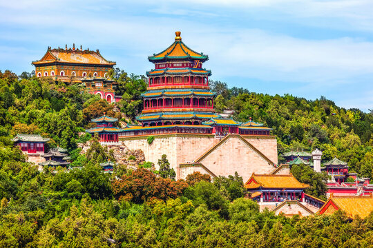 Longevity Hill, Tower of Fragrance of Buddha, Summer Palace, Beijing, China. Chinese characters say 'Buddha Fragrance Tower'