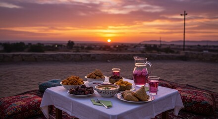 Fototapeta premium Scenic sunset picnic with traditional middle eastern cuisine in desert setting