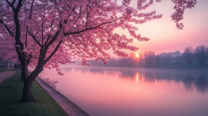 The beauty of spring captured in cherry blossoms lining a tranquil riverbank at dawn.