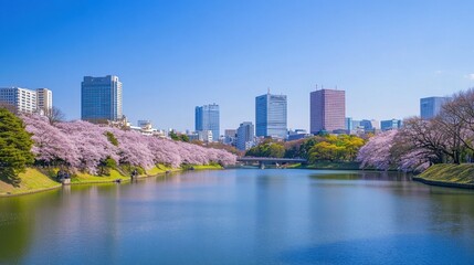 Obraz premium The riverbank alive with cherry blossoms swaying gently in the wind, their petals drifting into the water.