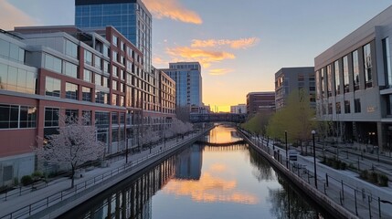 The soft glow of sunset reflecting on a river lined with cherry blossoms in peak bloom.
