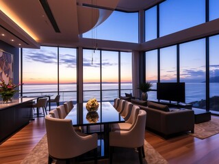 Modern luxury home with open living room and dining room overlooking ocean view at dusk, dusk, luxury