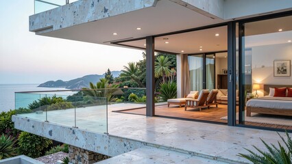 Obraz premium Stunning seaside retreat: serene balcony overlooking vast ocean, majestic mountains rising majestically in the distance