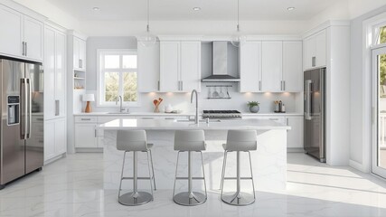 Modern kitchen interior with sleek white cabinets, stainless steel appliances, marble countertops, and a large island with bar stools, interior, bar stools