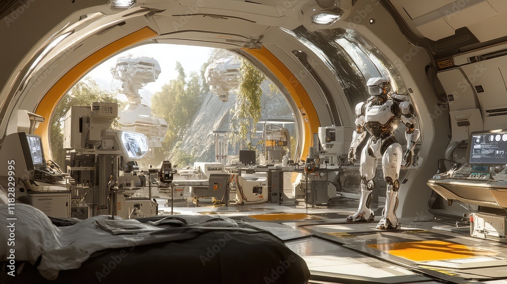 Poster a wide shot of a futuristic robotics lab filled with machines and clean space for text in the backgr