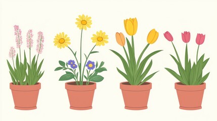 Potted spring flowers, garden illustration, white background, home decor