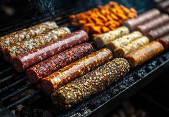 Assortment of Grilled Sausages and Vegetables on Barbecue Grill with Smoke Rising, Perfect for Outdoor Cooking, Summer Barbecue Gatherings, and Delicious Meal Ideas
