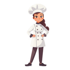 A confident female chef in a white uniform, chef hat, and black pants stands with hands on hips and a smile.