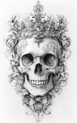 Fototapeta premium skull floral tattoo illustration black and white chiaroscuro design decoration