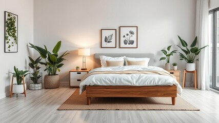Modern bedroom interior with a large comfortable bed, lush houseplants, and a stylish lamp, big bed, room decor
