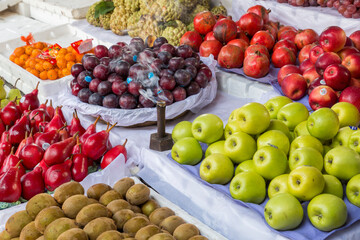 India, Mumbai. Fresh fruit on display at street market.