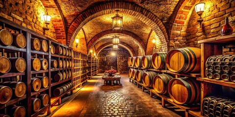 Obraz premium Elegant Wine Cellar: Brick Walls, Wooden Barrels, Dimly Lit Ambiance